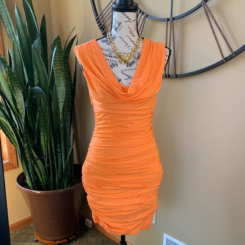 Orange Ruched Midi Dress